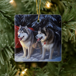 Alaskan Malamute Snowy Sleigh Riff Weihnachten Keramikornament