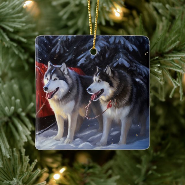 Alaskan Malamute Snowy Sleigh Riff Weihnachten Keramikornament (Baum)