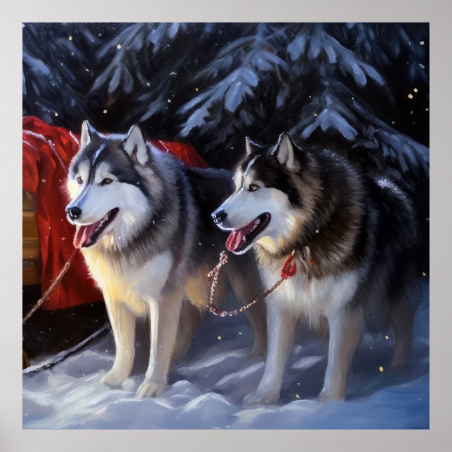 Alaskan Malamute Snowy Sleigh Riff Weihnachten Poster (Vorne)