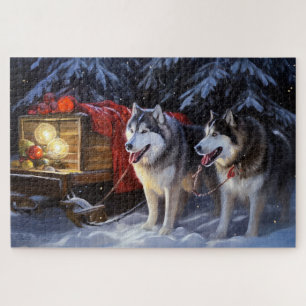 Alaskan Malamute Snowy Sleigh Riff Weihnachten Puzzle