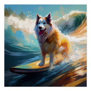 Alaskan Malamute Strand Surfen Malerei Poster