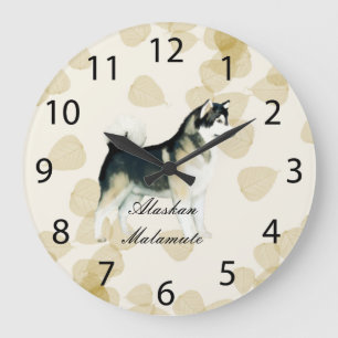Alaskan Malamute ~ Tan Leaves Motiff Große Wanduhr