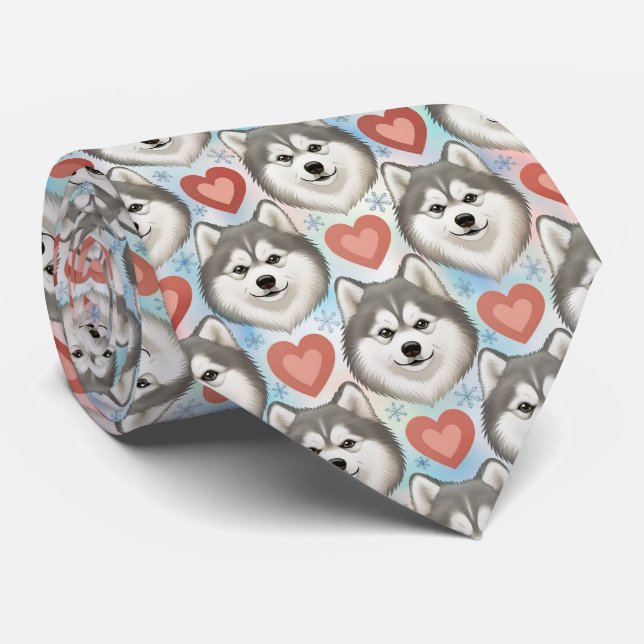 Alaskan Malamute Valentine Hearts Pattern Dog Love Krawatte (Gerollt)