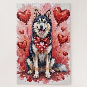 Alaskan Malamute Valentinstag-Hundekunst mit Herze Puzzle