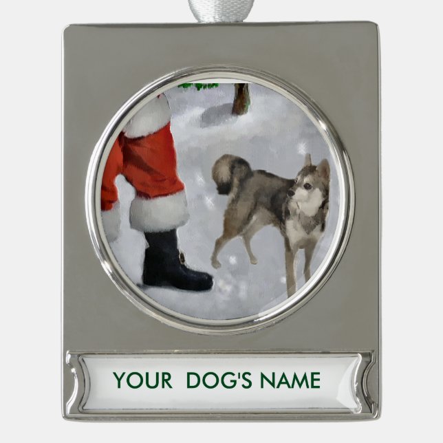Alaskan Malamute Weihnachten Personalisiert Banner-Ornament Silber (Vorderseite)