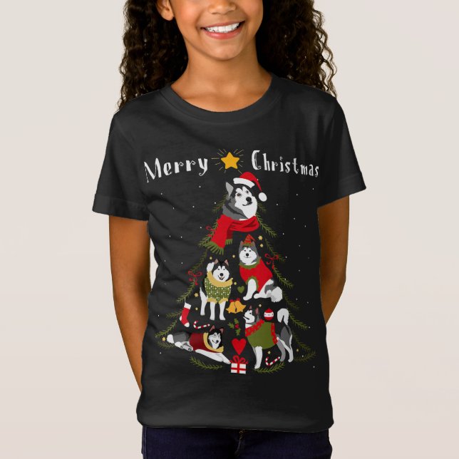 Alaskan Malamute Weihnachtsbaum Xmas Dog Lover T-Shirt (Vorderseite)