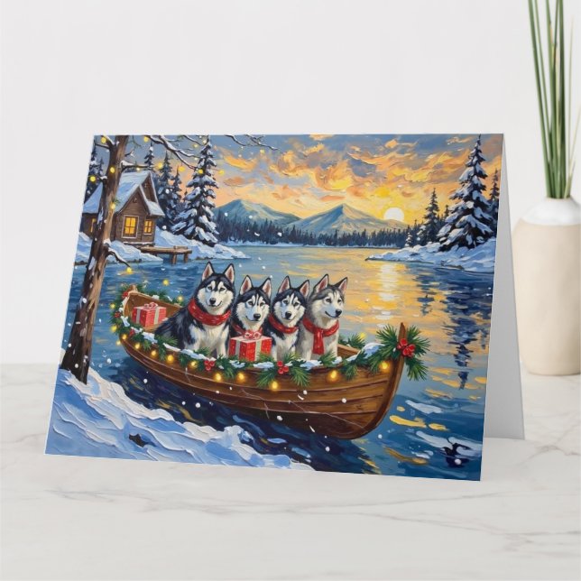 Alaskan Malamute Weihnachtsboot Urlaub Karte (Vorderseite)