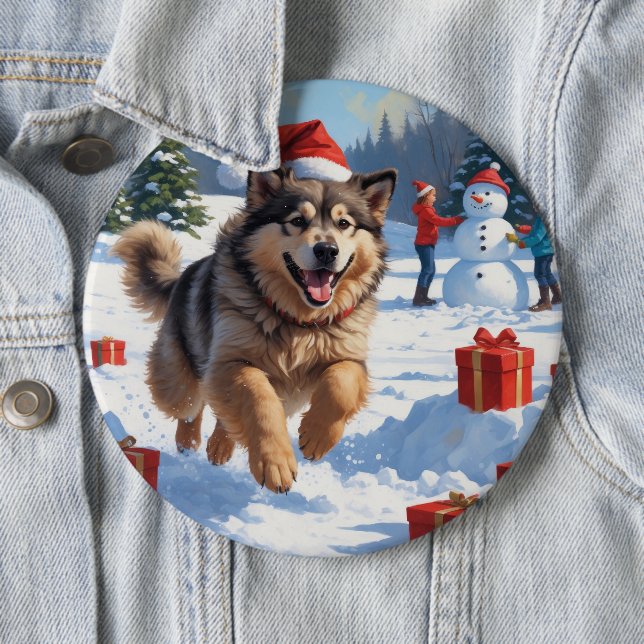 Alaskan Malamute Weihnachtsfest Schneeszene Button (Beispiel)