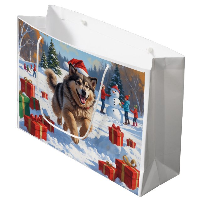 Alaskan Malamute Weihnachtsfest Schneeszene Große Geschenktüte (Vorderseite Schrägansicht)