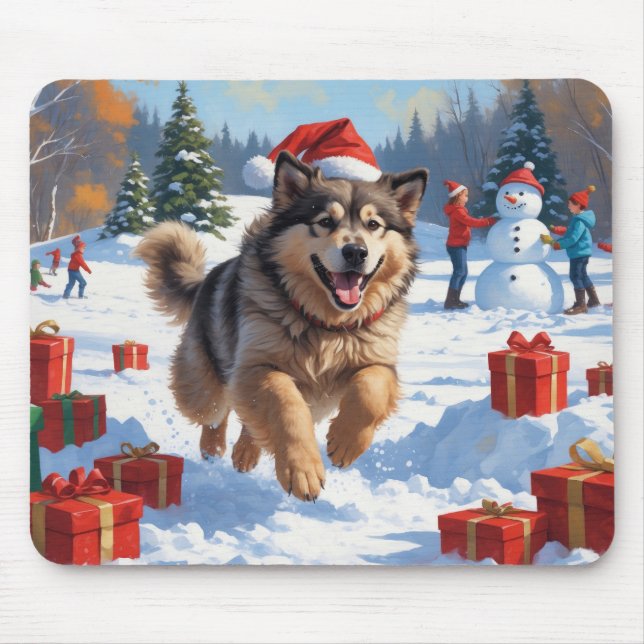 Alaskan Malamute Weihnachtsfest Schneeszene Mousepad (Vorne)