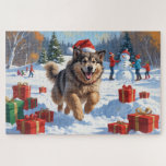 Alaskan Malamute Weihnachtsfest Schneeszene Puzzle<br><div class="desc">Eine herzliche Ferienillustrierung mit einem fröhlichen Hund,  der im Schnee spielt,  eine Weihnachtsmannmütze trägt und von bunten Geschenkboxen umgeben ist. Im Hintergrund bauen die Kinder neben einem schneebedeckten Weihnachtsbaum einen Schneemann und schaffen so ein fröhliches Winterwunderland. Ideal,  um Feiertagssjubeln zu verbreiten und den Zauber von Weihnachten zu erfassen.</div>