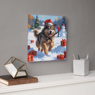 Alaskan Malamute Weihnachtsfest Schneeszene Quadratische Wanduhr