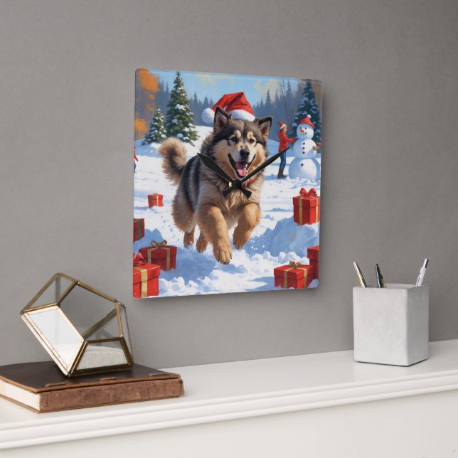 Alaskan Malamute Weihnachtsfest Schneeszene Quadratische Wanduhr (Büro)
