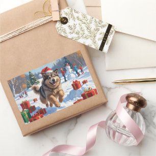 Alaskan Malamute Weihnachtsfest Schneeszene Rechteckiger Aufkleber