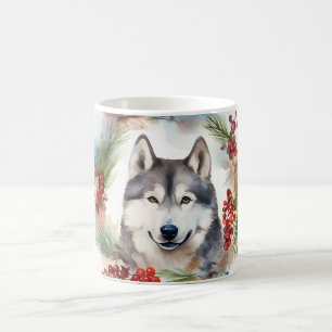 Alaskan Malamute Weihnachtskranz Festlicher Hund Kaffeetasse