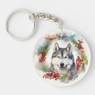 Alaskan Malamute Weihnachtskranz Festlicher Hund Schlüsselanhänger