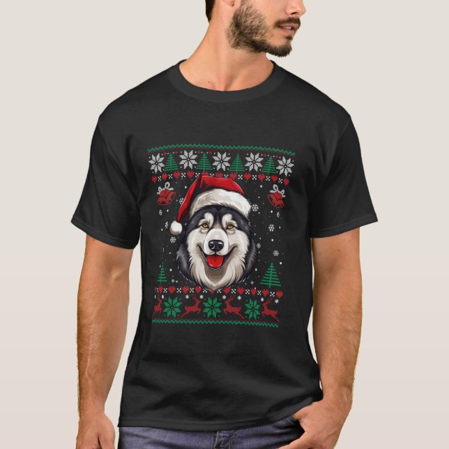 Alaskan Malamute Weihnachtsmann Ugly Sweater Dog T-Shirt (Vorderseite)