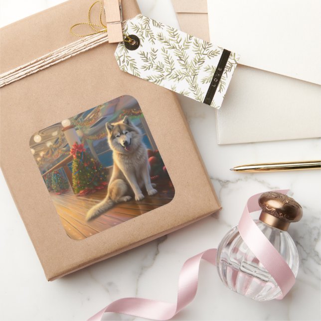 Alaskan Malamute Weihnachtsreise: Feierabend Quadratischer Aufkleber (Schenken)