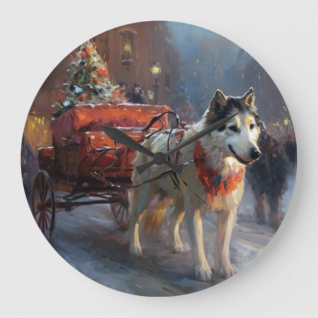 Alaskan Malamute Weihnachtssaison Große Wanduhr (Vorderseite)