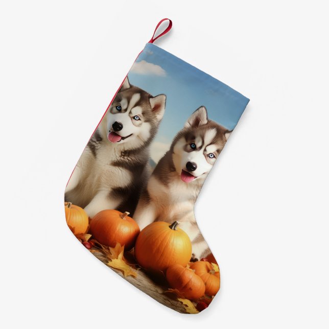 Alaskan Malamute Welpe Herbst Delight Pumpkin Kleiner Weihnachtsstrumpf (Vorderansicht (hängend))