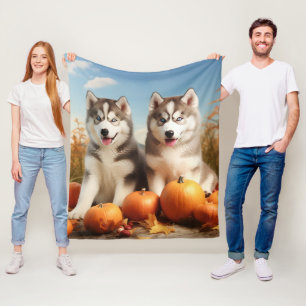 Alaskan Malamute Welpe Herbstfreude Kürbis Fleecedecke
