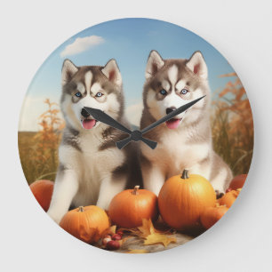 Alaskan Malamute Welpe Herbstvergnügen Kürbis Große Wanduhr