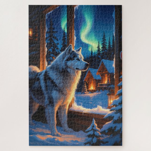 Alaskan Malamute With Christmas Lights Holiday  Puzzle (Vertikal)