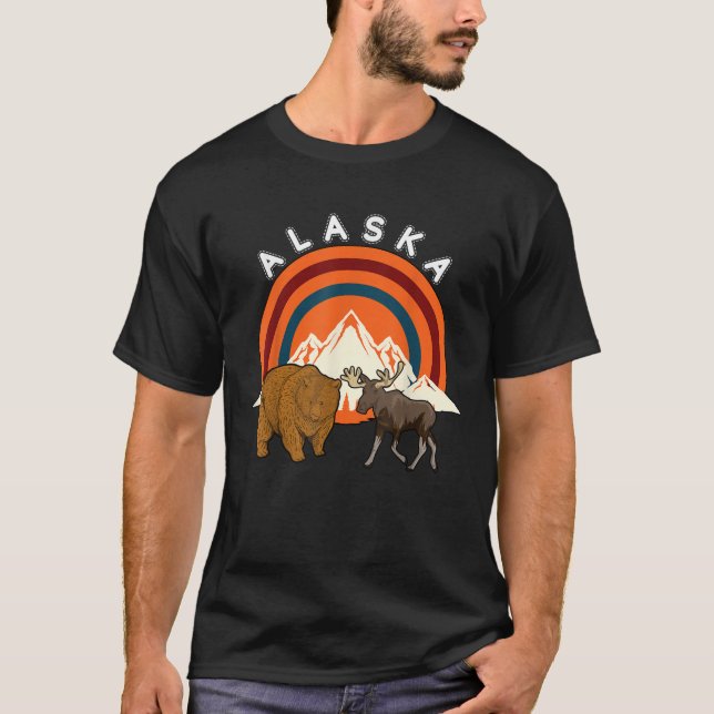 Alaskan Moose Bear Glacier Mountains Wildlife Retr T-Shirt (Vorderseite)