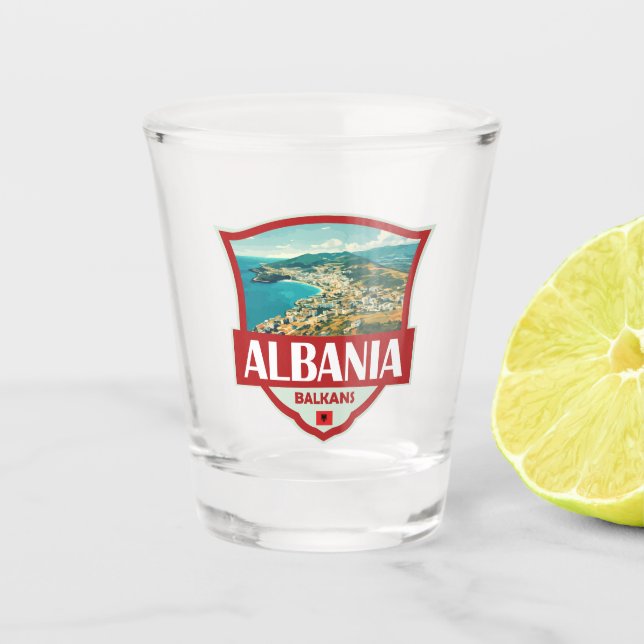 Albanien Illustration Retro Abzeichen Schnapsglas (Vorderseite)