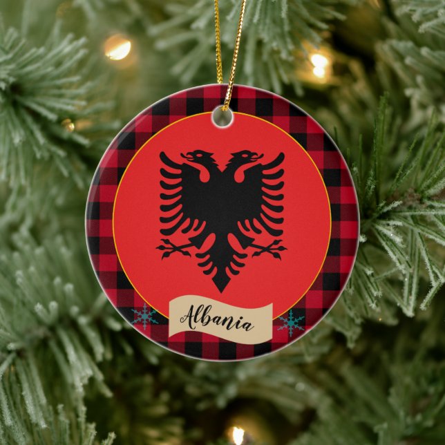 Albanien, Roter Büffel, kariert und albanische Fla Keramik Ornament (Baum)