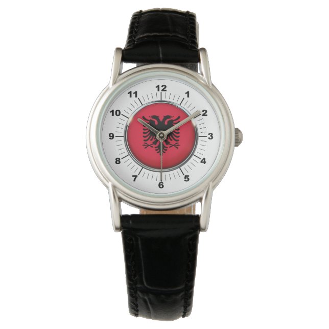 Albanienflagge Klassischer Black Leather Watch Armbanduhr (Vorderseite)
