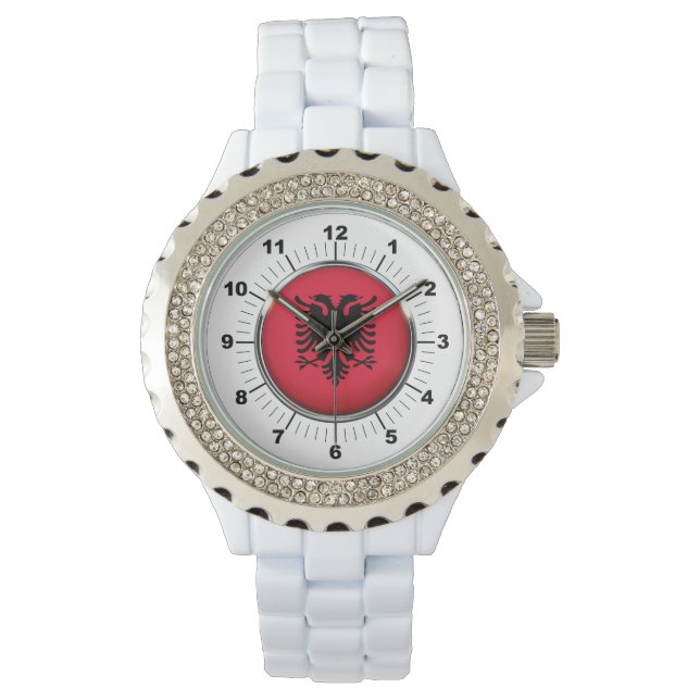 Albanienflagge Kristall White Enamel Watch Armbanduhr (Vorderseite)