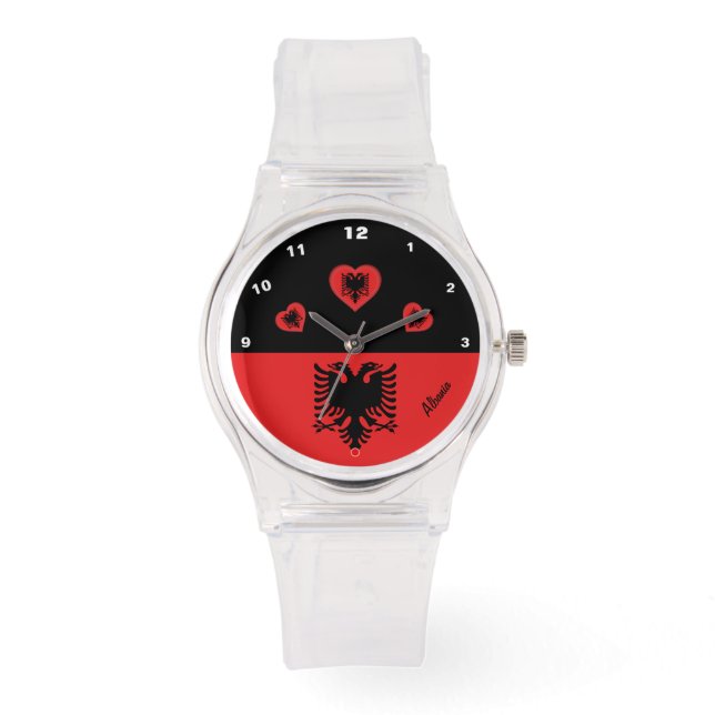 Albanienflagge und albanisches Modeherz /Sportfans Armbanduhr (Vorderseite)