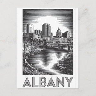 Albany New York Skyline Schwarz Weiß Holzschnitt Feiertagspostkarte