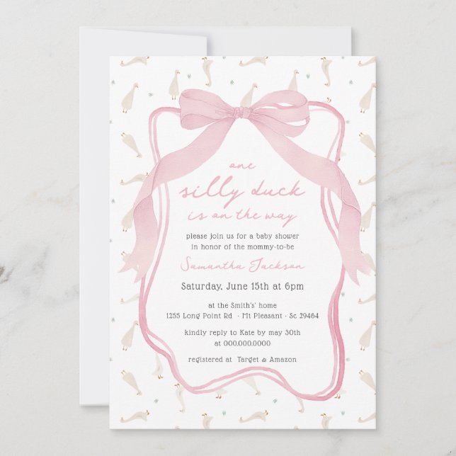 Albern Duck Blue Bow Boy Baby Shower Einladung (Vorderseite)