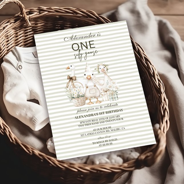 Albern Gänse 1. Geburtstag Grüne Streifen Einladung (Von Creator hochgeladen)