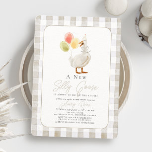 Albern Gänse Beige Gingham Baby Dusche Einladung