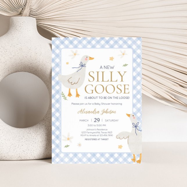 Albern Gänse Gingham Baby Dusche Einladung (Blue Gingham Silly Goose Baby Shower Invitation)
