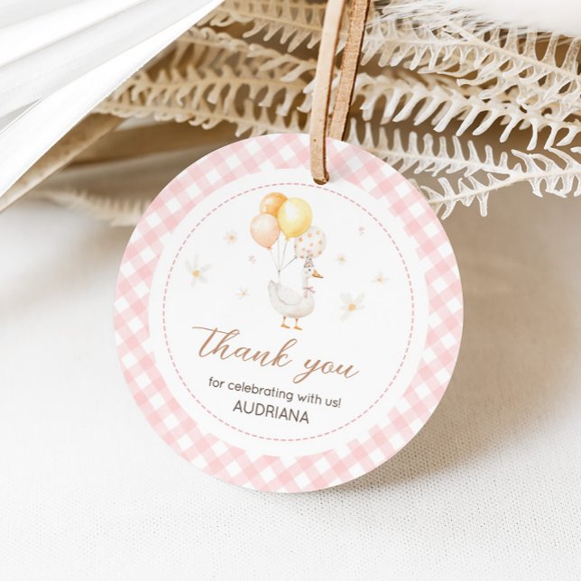 Albern Gänse Gingham Birthday Party Geschenkanhänger (Pink Gingham Silly Goose Birthday Party Round Favor Tags)