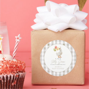 Albern Gänse Greige Gingham Baby Shower Runder Aufkleber