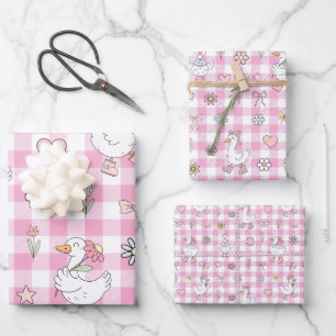 Albern Gänse Pink Gingham Birthday Geschenkpapier Set