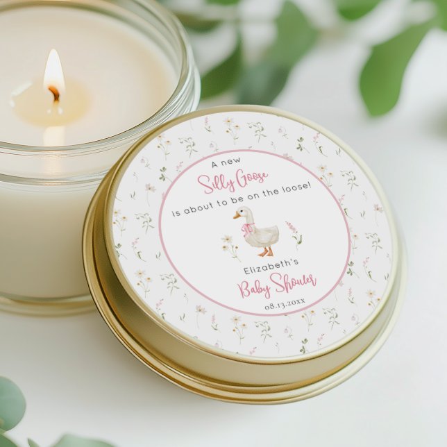 Albern Gänse Wildblume Pink Bow Baby Dusche Runder Aufkleber (Von Creator hochgeladen)