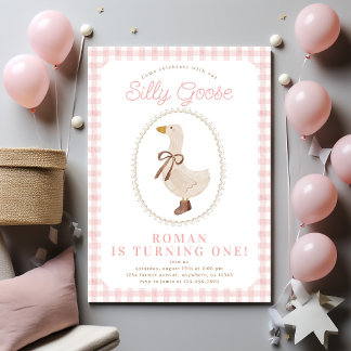 Albern Gänsepink Gingham und Bow Girl Birthday Einladung