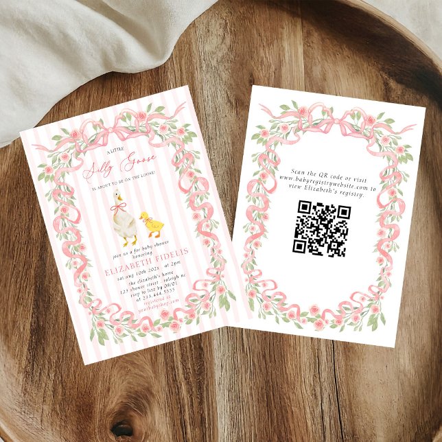 Albern Gänserosa Bow Floral QR Code Kinderdusche Einladung (Von Creator hochgeladen)
