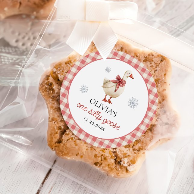 Albern Gänseweihnachtsgingham 1. Geburtstag Runder Aufkleber (Von Creator hochgeladen)