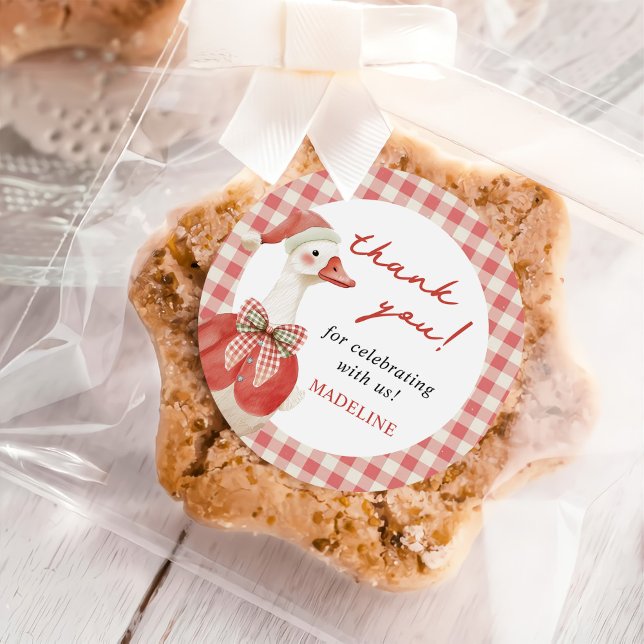 Albern Gänseweihnachtsgingham 1. Geburtstag Runder Aufkleber (Von Creator hochgeladen)