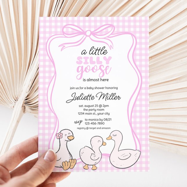 Albern Gingham Girls Babydusche Einladung (Pink Silly Goose Girls Baby Shower Invite)