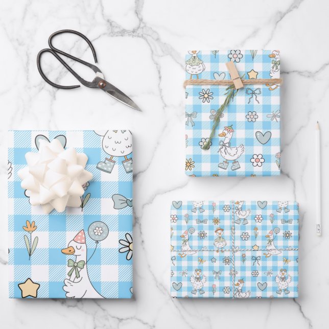 Albern Goose Blue Gingham Birthday Geschenkpapier Set (Vorderseite)