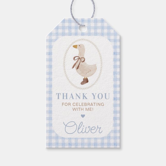 Albern Goose Blue Gingham Birthday Party Geschenkanhänger (Vorderseite)