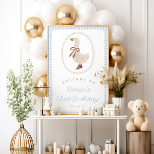 Albern Goose Blue Gingham Birthday Willkommenszeic Poster